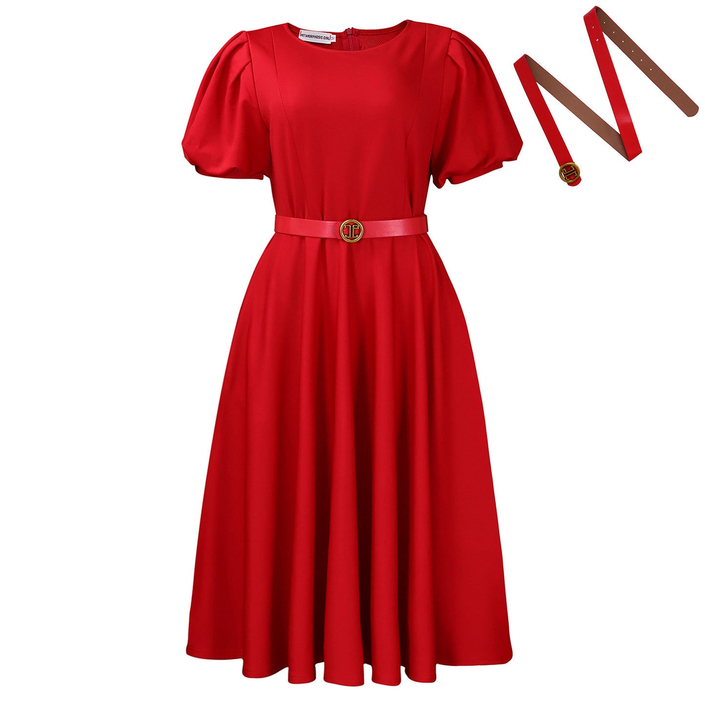 Damen Midi-Kleid mit voluminösen Puffärmeln, elegantem Taillengürtel und schwingendem Rock Stalluxe