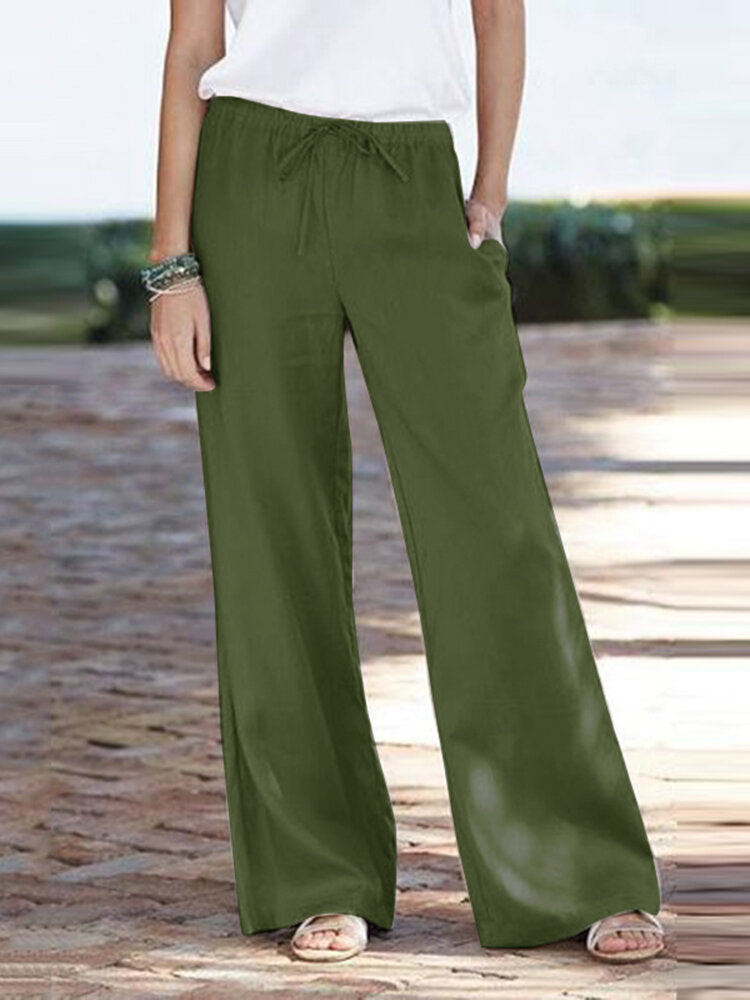 Damen luftige weite Leinenhose mit elastischem Bund und praktischen Seitentaschen Stalluxe