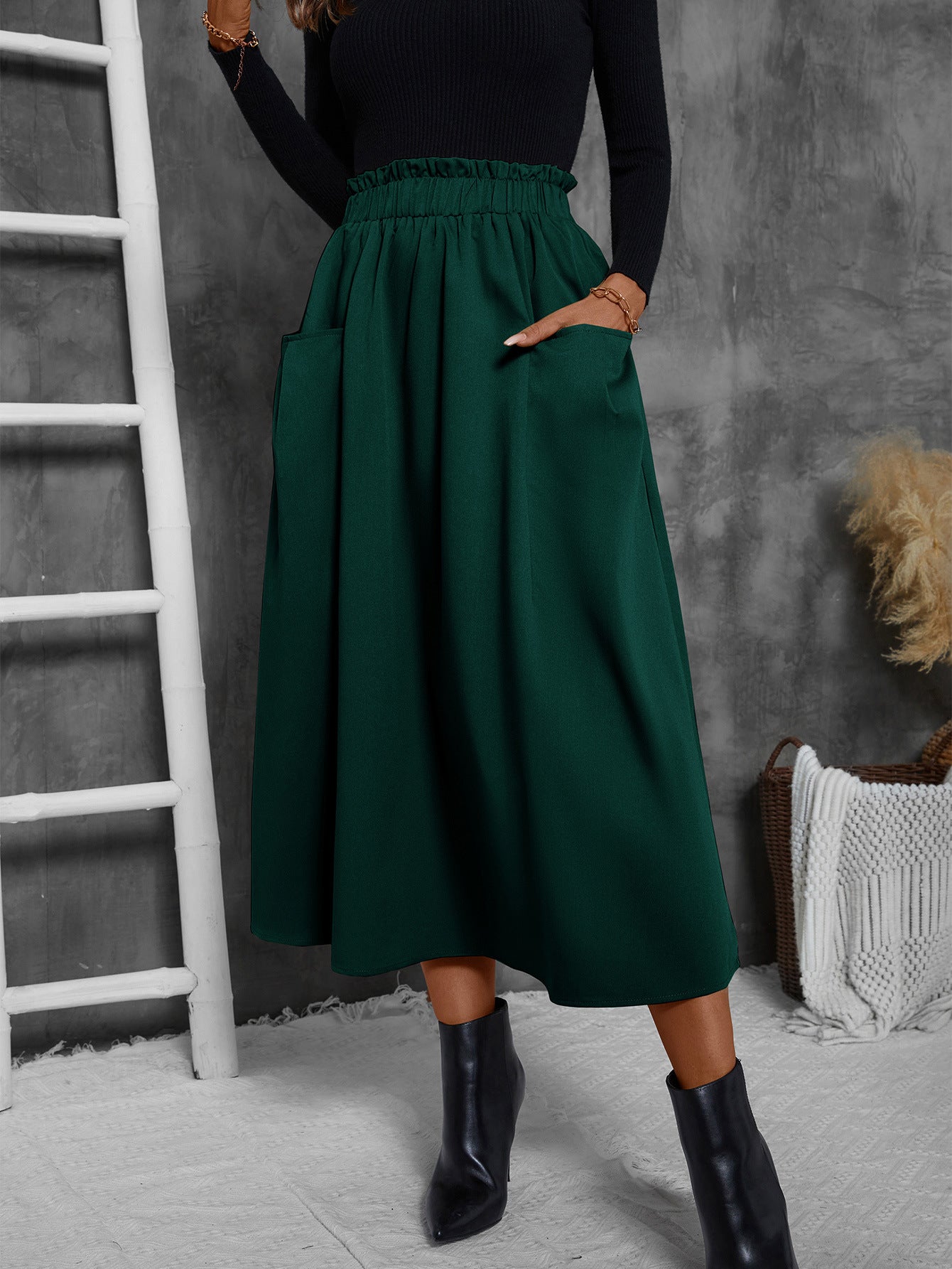 Damen Luftiger Midirock mit elastischem Bund und praktischen Taschen Stalluxe