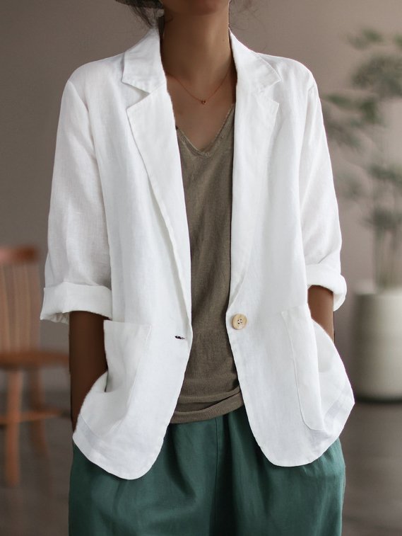 Damen Lässiger Leinenblazer mit breiten Ärmeln und Knopfverschluss Stalluxe