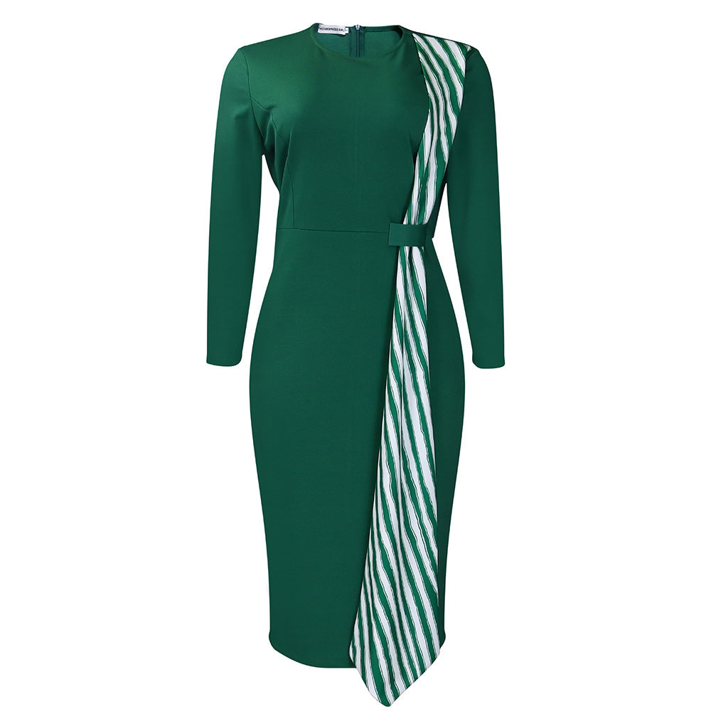 Damen elegantes Kleid mit asymmetrischem Bindegürtel und langen Ärmeln Stalluxe