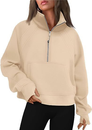 Damen sportlicher Pullover mit halbem Reißverschluss und Kängurutasche Stalluxe