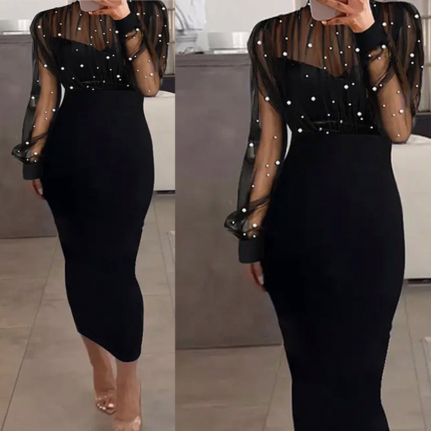 Damen Elegantes Abendkleid mit transparenten Ärmeln und Perlendetails Stalluxe