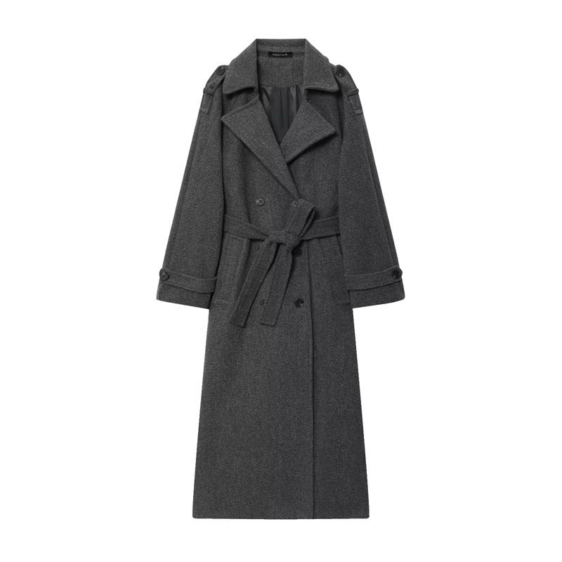 Damen Eleganter Wolltrenchcoat mit doppelter Knopfleiste und Taillengürtel Stalluxe