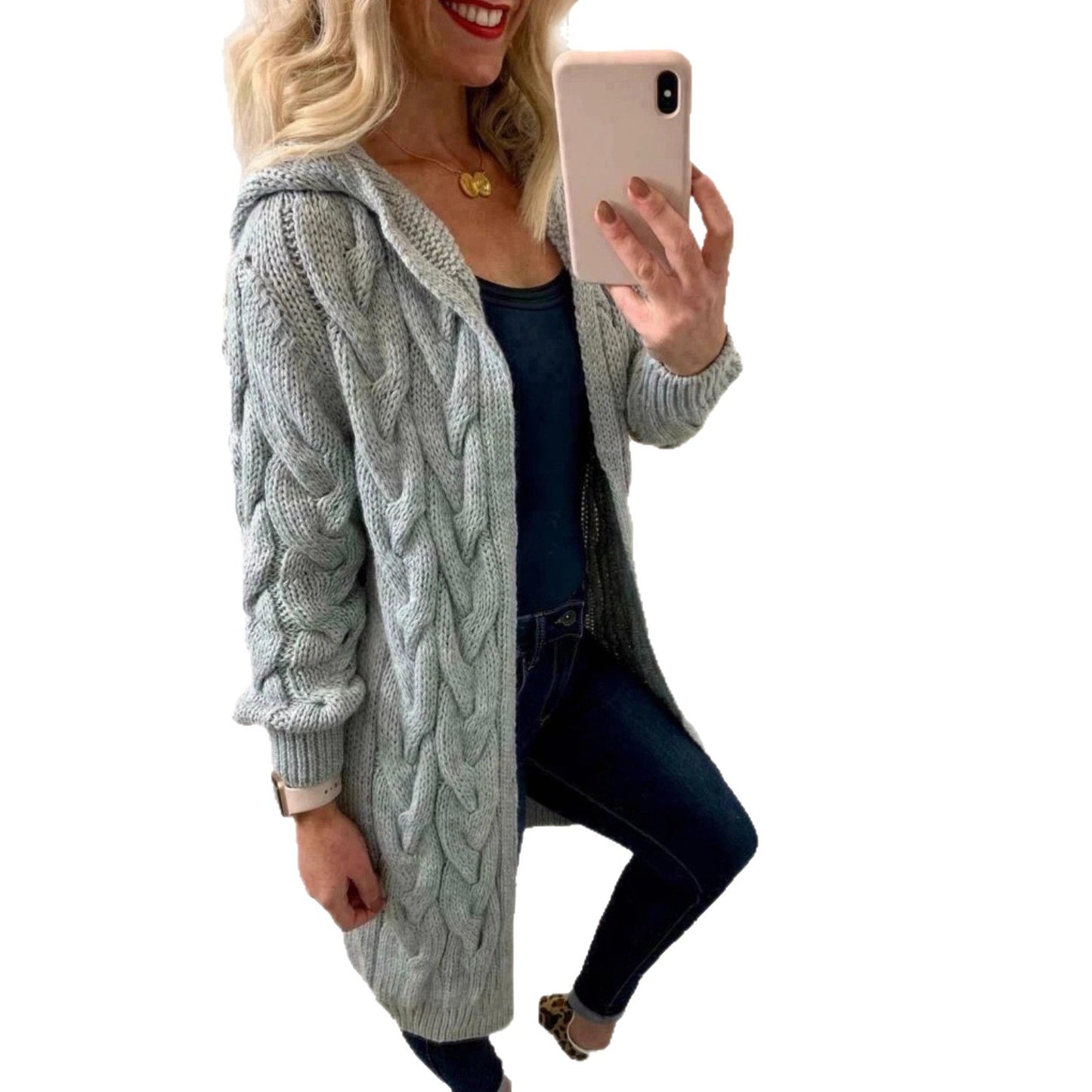 Damen Grobstrick-Cardigan mit Kapuze und Zopfmuster Stalluxe