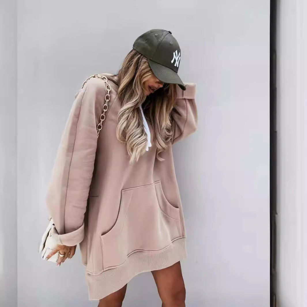 Damen lässiges Kapuzenkleid mit praktischen Eingrifftaschen und seitlichen Schlitzen Stalluxe