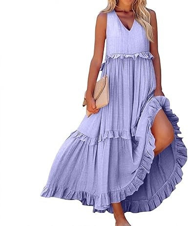 Damen Maxi-Kleid mit V-Ausschnitt und voluminösem Saum Stalluxe