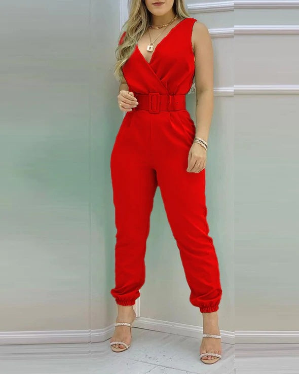 Damen Eleganter Jumpsuit mit Gürtel und tiefem V-Ausschnitt Stalluxe