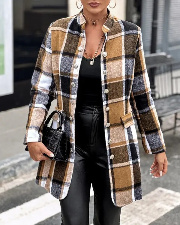 Damen Karo-Blazerjacke mit Knopfleiste und Taschen Stalluxe