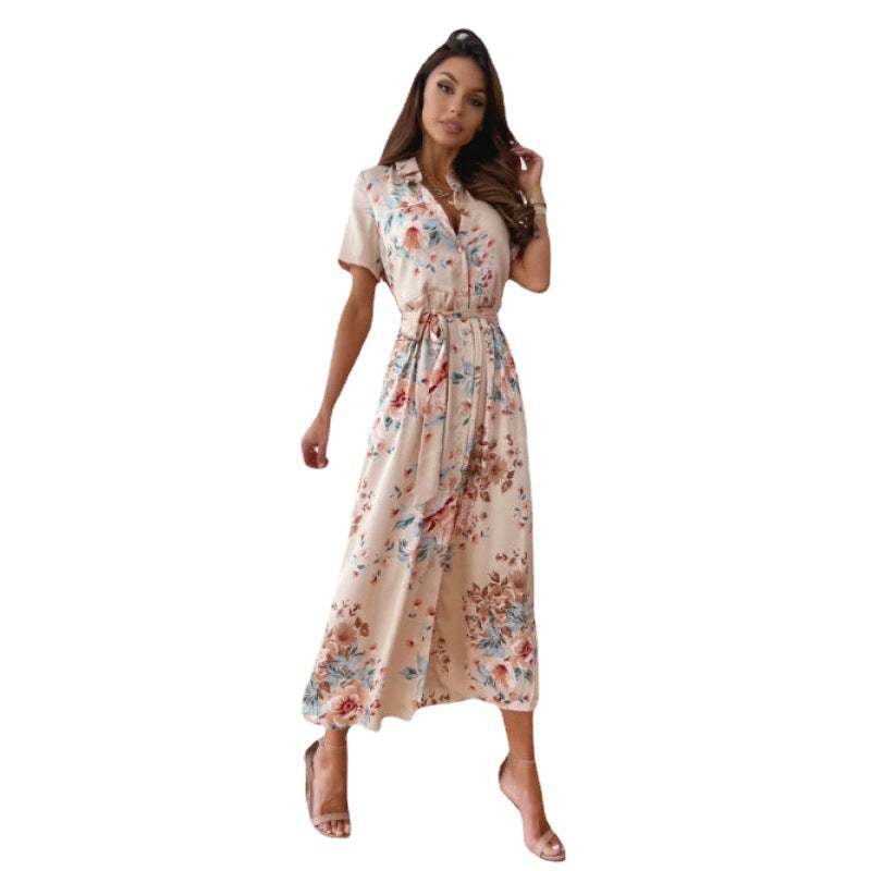 Damen elegantes Maxikleid mit floralen Mustern und taillierbarem Gürtel Stalluxe