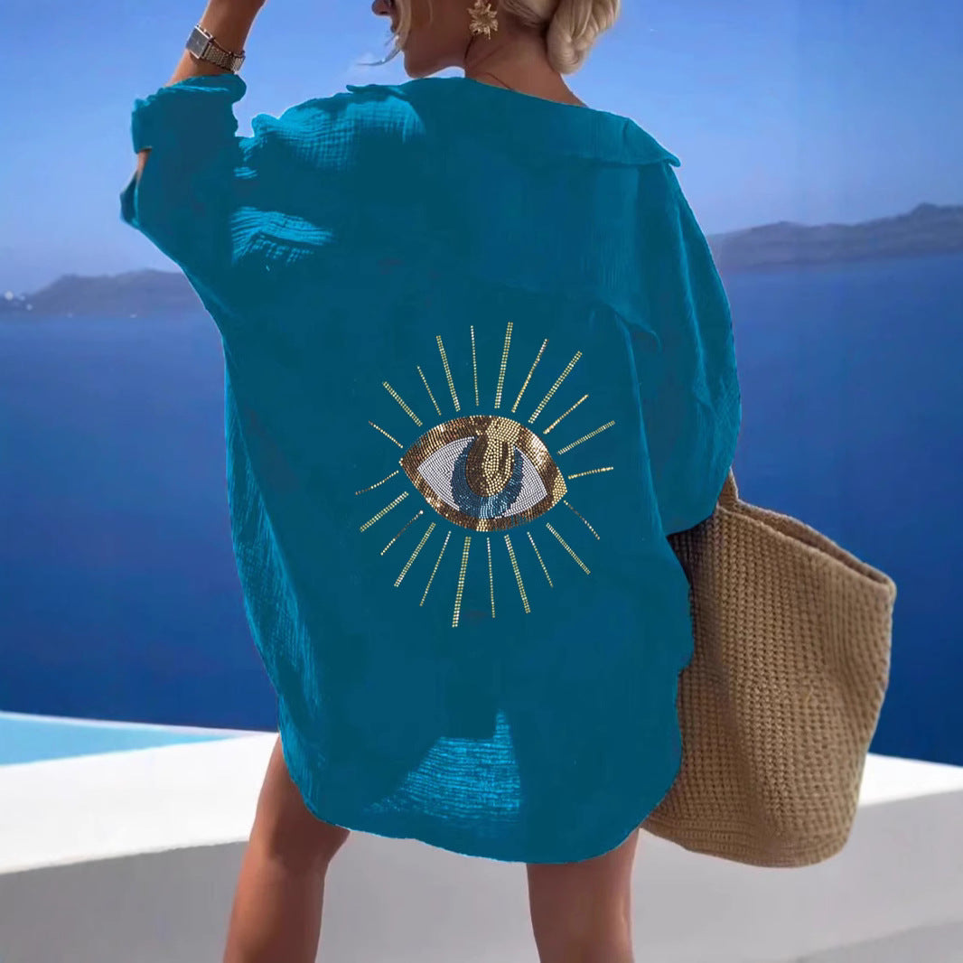 Damen Oversized Hemdbluse mit funkelndem Eye-Design Stalluxe