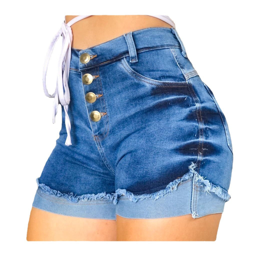Damen High-Waist Jeans-Shorts mit Knopfverschluss und Fransen Stalluxe