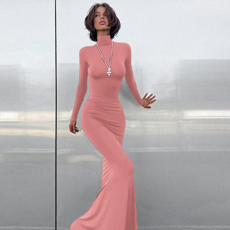 Damen Langarm-Maxikleid mit figurbetontem Schnitt und hohem Kragen Stalluxe
