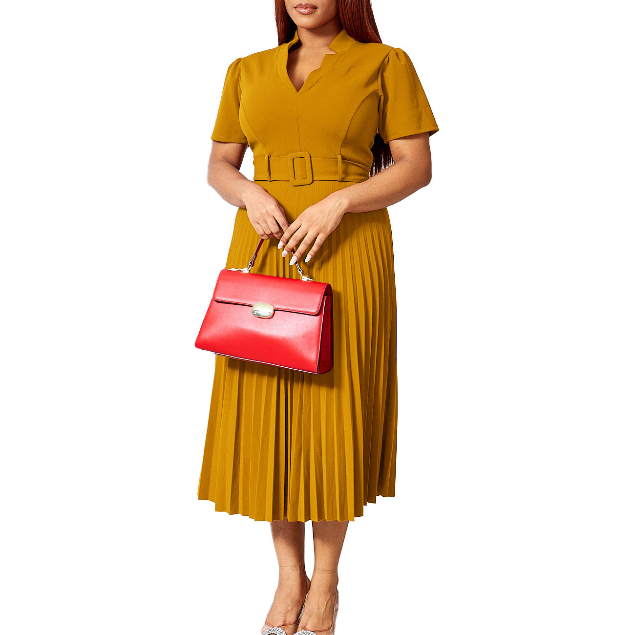 Damen Plissee Kleid mit tailliertem Schnitt und elegantem Kragen Stalluxe