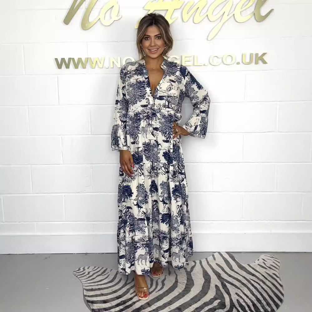 Damen lässiges Maxikleid mit dekorativem Print und langem Ärmel Stalluxe