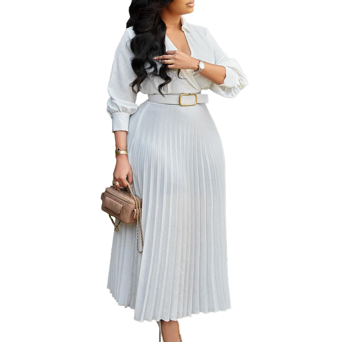 Damen Plissee-Kleid mit elegantem V-Ausschnitt und Taillengürtel Stalluxe