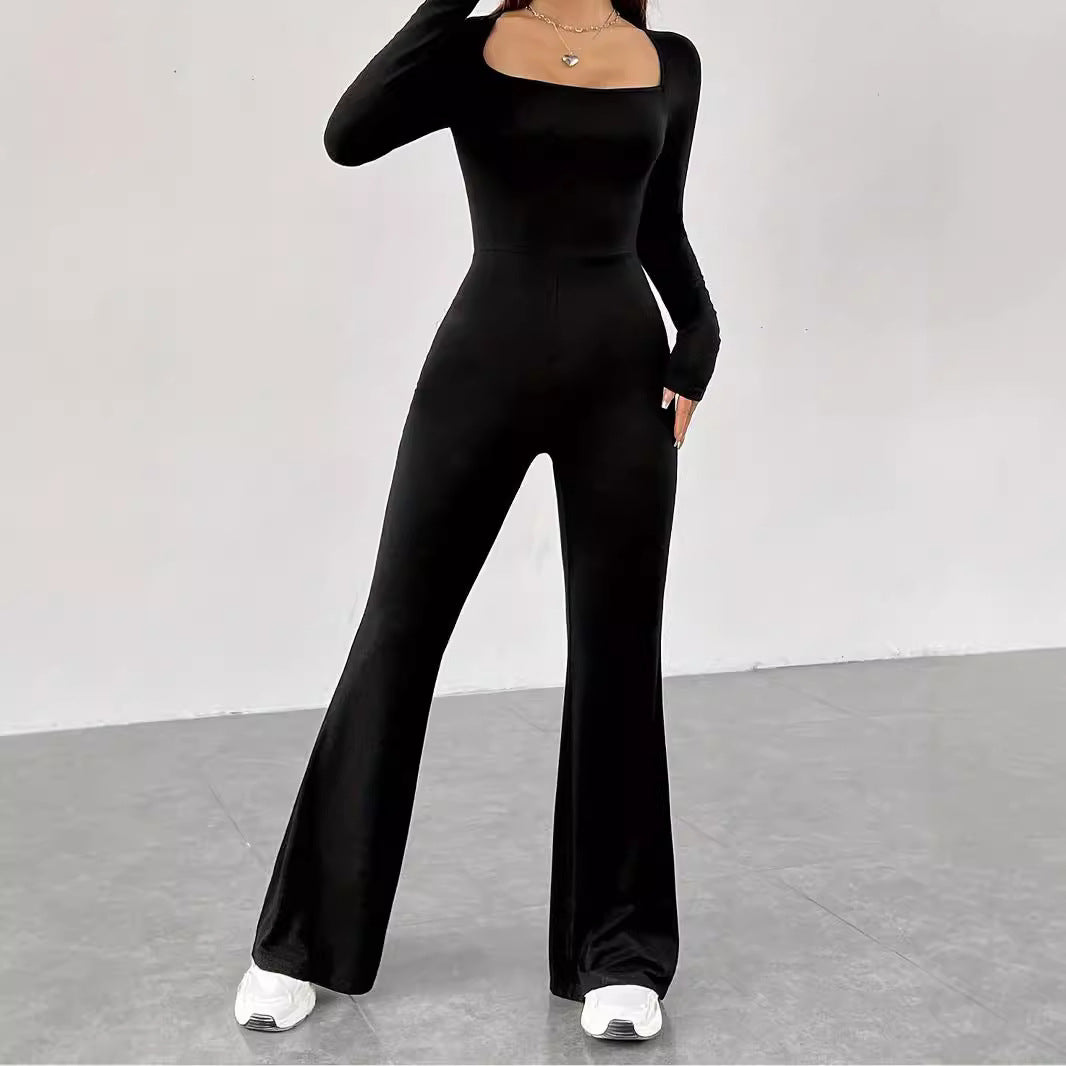 Damen Eleganter und figurbetonter Jumpsuit mit weitem Bein und langen Ärmeln Stalluxe