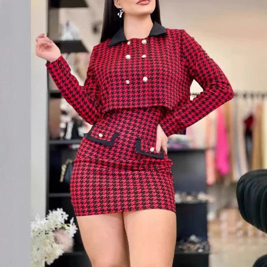 Damen Rockanzug mit karierter Musterung und dekorativen Knopfdetails Stalluxe