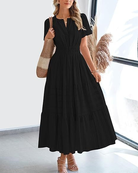 Damen Maxikleid mit modischem V-Ausschnitt und luftigen Rüschen Stalluxe