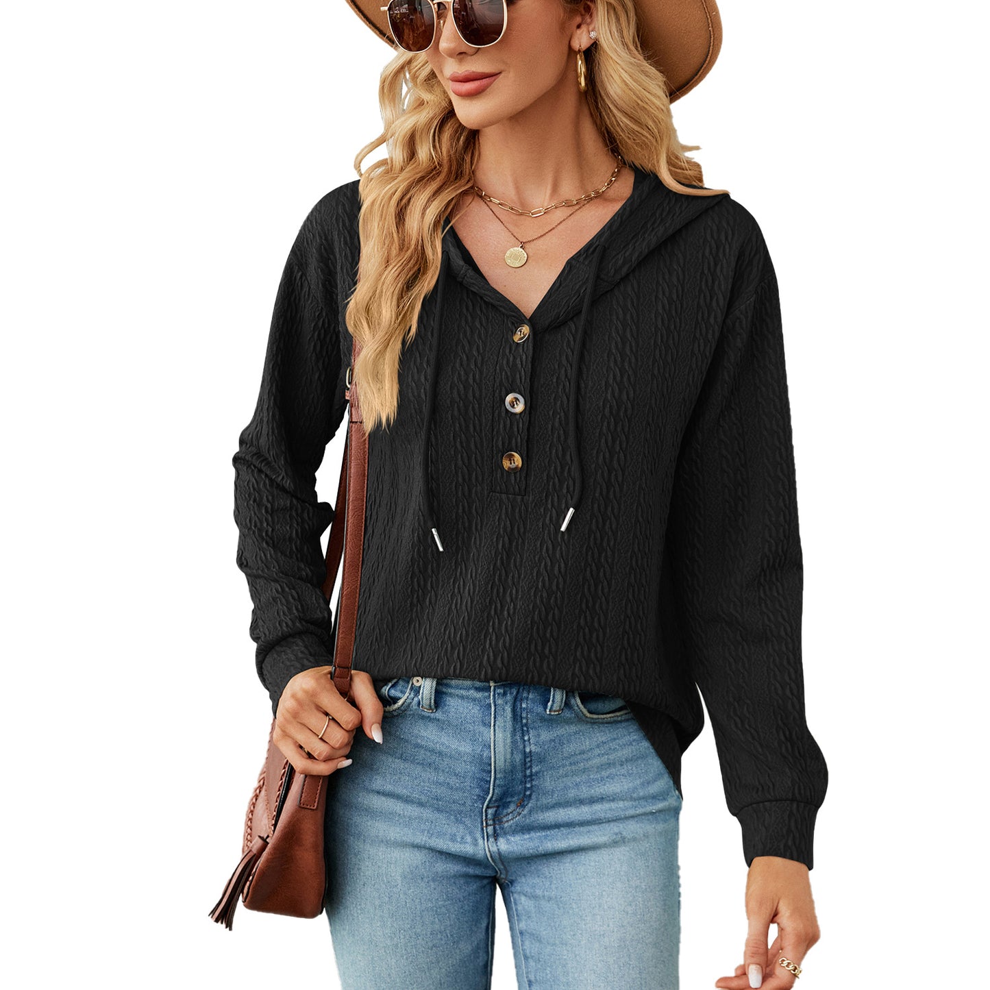 Damen lässiger Kapuzenpullover mit strukturierter Oberfläche und Knopfdetails Stalluxe