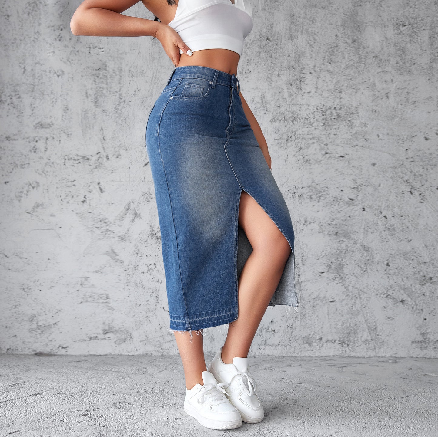 Damen Jeansrock mit hoch geschnittenem Schlitz und fransigem Saum Stalluxe