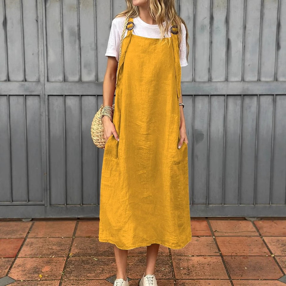 Damen lässiges Leinen-Trägerkleid mit praktischen Taschen Stalluxe