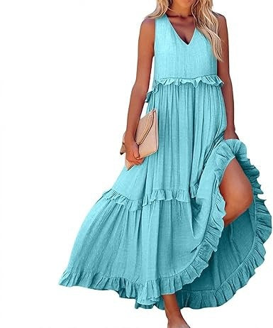 Damen Maxi-Kleid mit V-Ausschnitt und voluminösem Saum Stalluxe