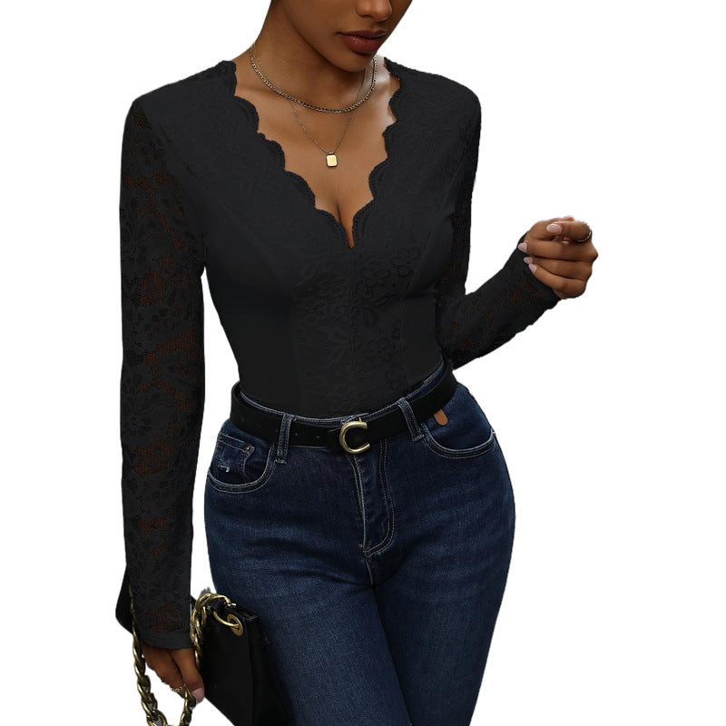 Damen Spitze Bodysuit mit V-Ausschnitt und langen Ärmeln Stalluxe