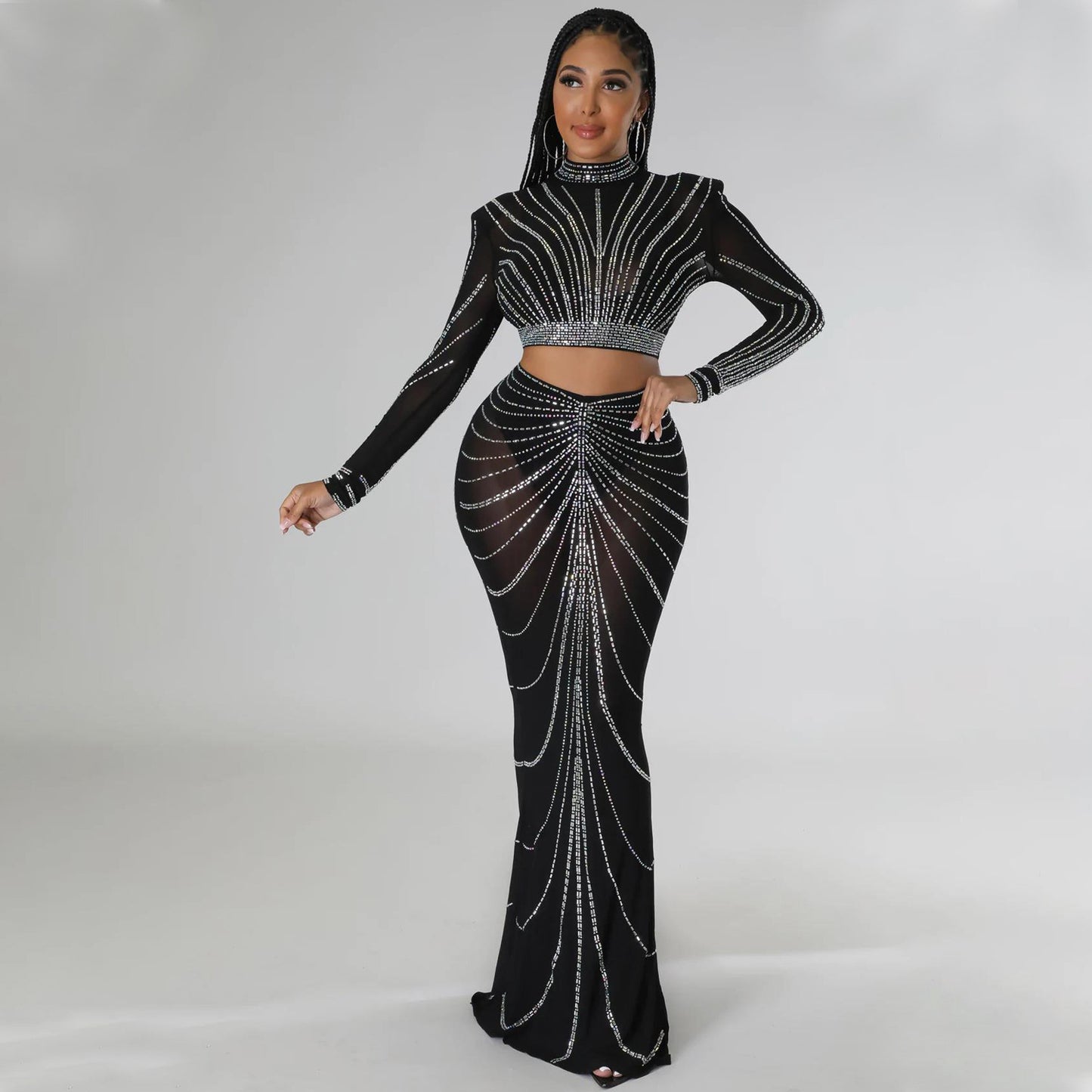 Damen Glamouröses Abendkleid mit funkelnden Strassdetails und transparenter Einsätzen Stalluxe
