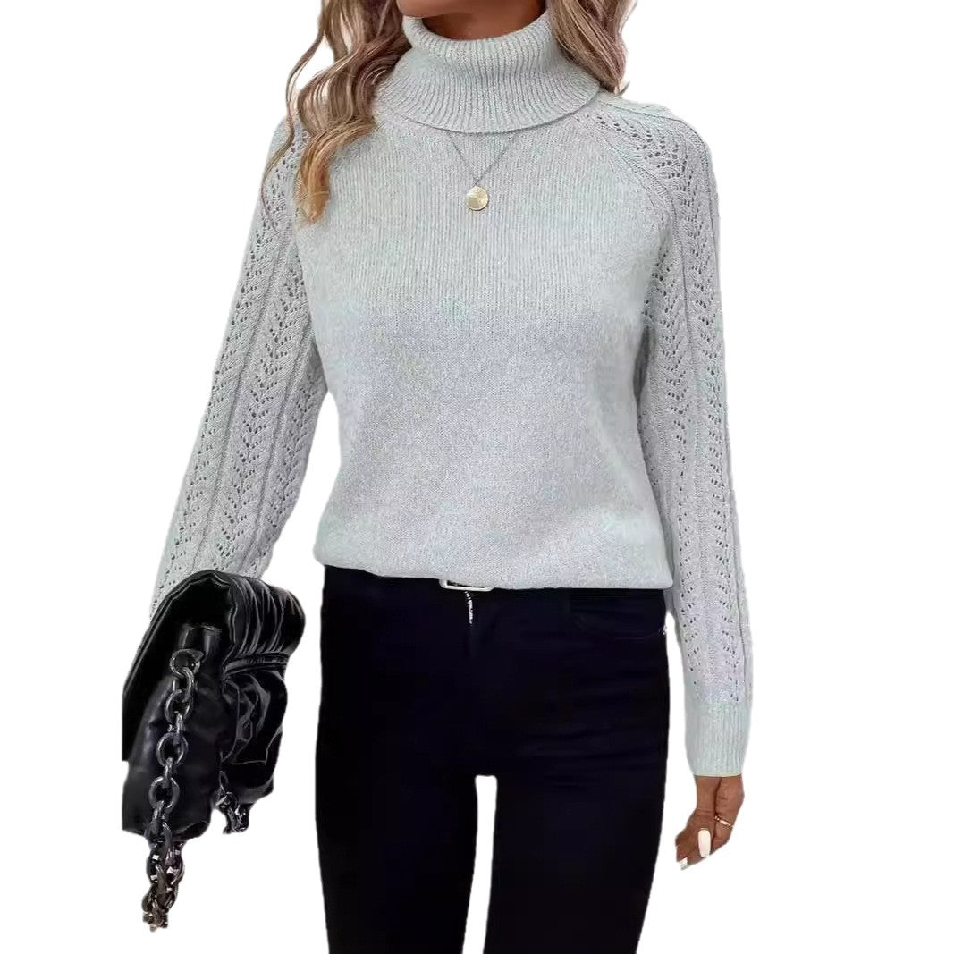 Damen Strickpullover mit hohem Kragen und filigranem Lochmuster Stalluxe