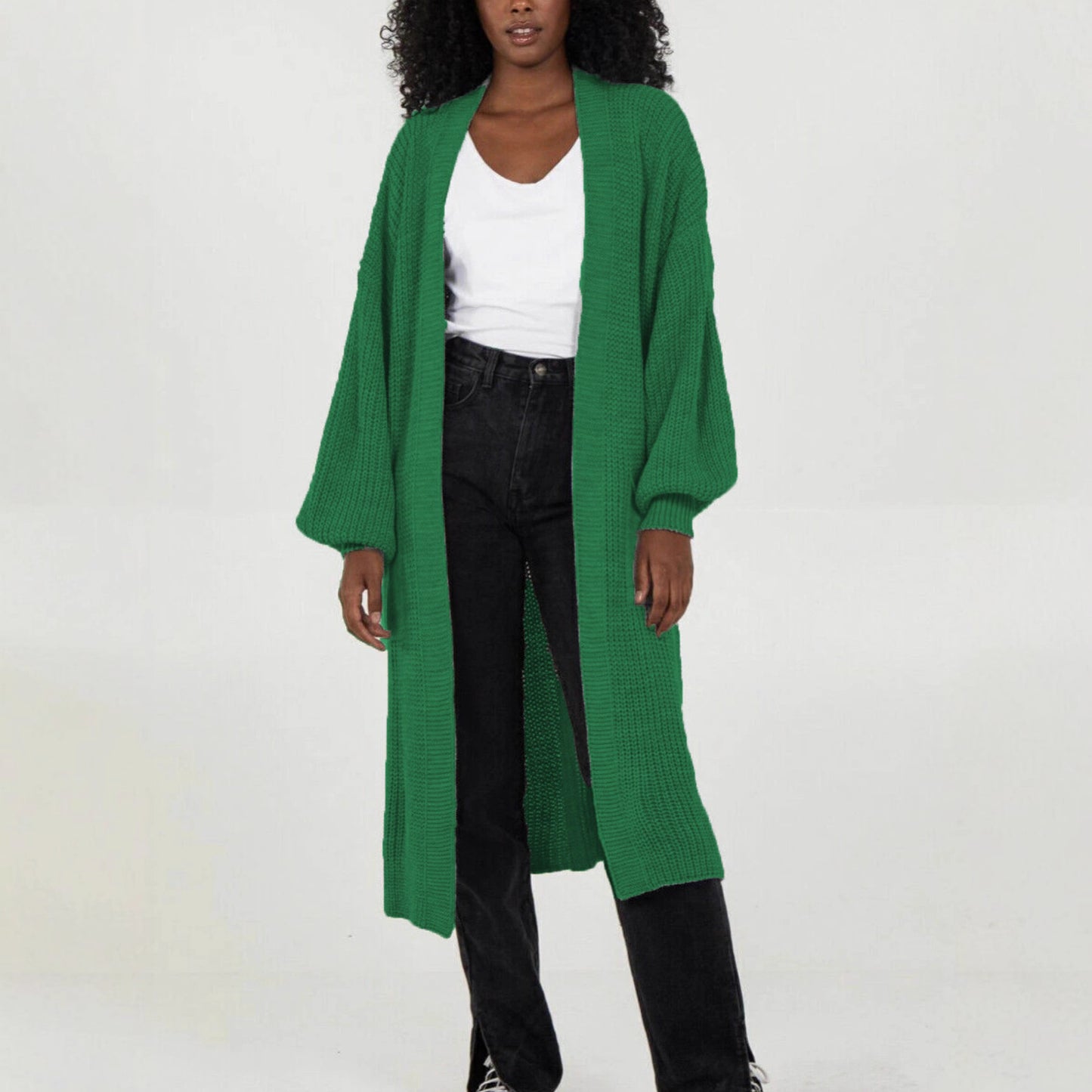 Damen Langer Strickcardigan mit voluminösen Ärmeln und offenem Schnitt Stalluxe