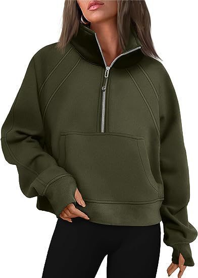 Damen sportlicher Pullover mit halbem Reißverschluss und Kängurutasche Stalluxe