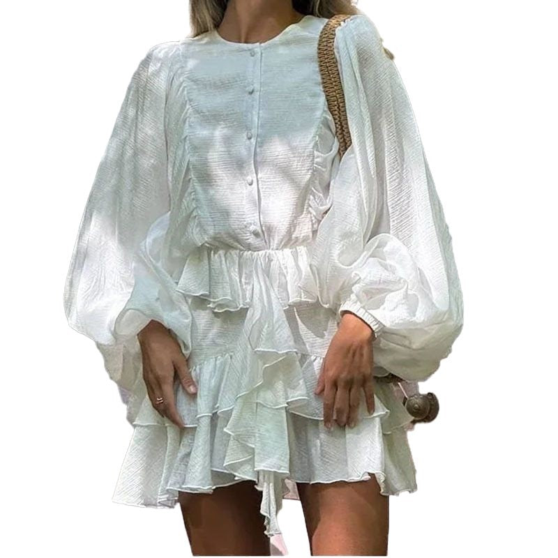 Damen verspieltes Rüschensommerkleid mit ballonförmigen Ärmeln und Knopfdetail Stalluxe