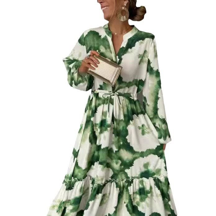 Damen Maxikleid mit modernen Aquarell-Muster und voluminösem Rock Stalluxe
