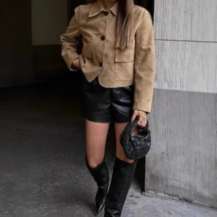 Damen Wildlederimitat Jacke mit Knopfleiste und Taschen Stalluxe