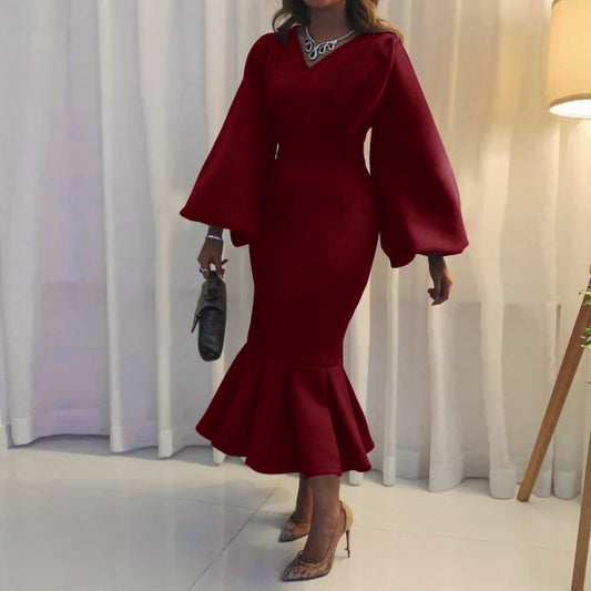 Damen figurbetontes Kleid mit voluminösen Ärmeln und schwingendem Saum Stalluxe