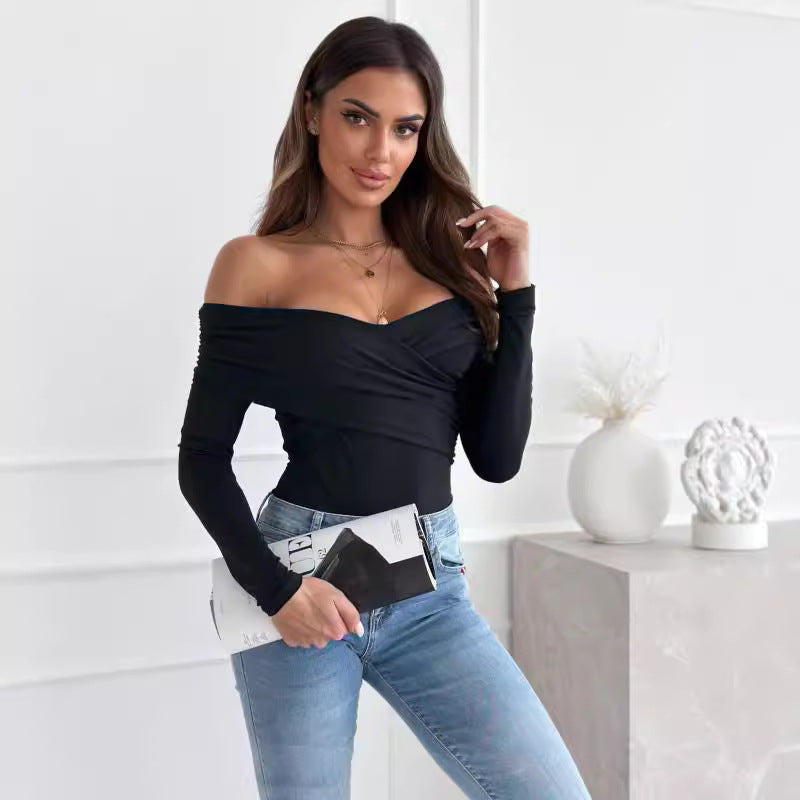 Damen Off-Shoulder Langarmshirt mit raffinierten Drapierungen Stalluxe
