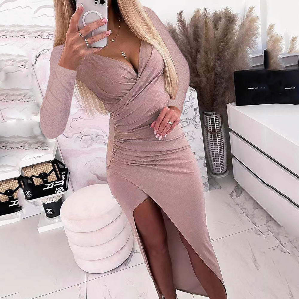 Damen elegantes Wickelkleid mit langen Ärmeln und Seitenschlitz Stalluxe