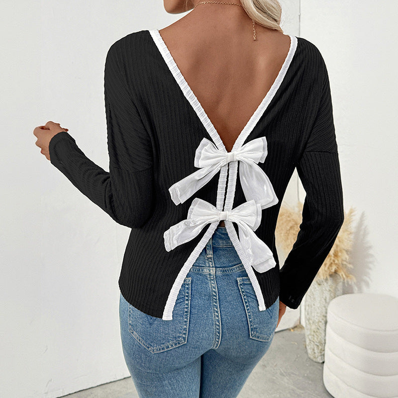 Damen Langarmshirt mit tiefem V-Ausschnitt und Schleifenverzierung Stalluxe