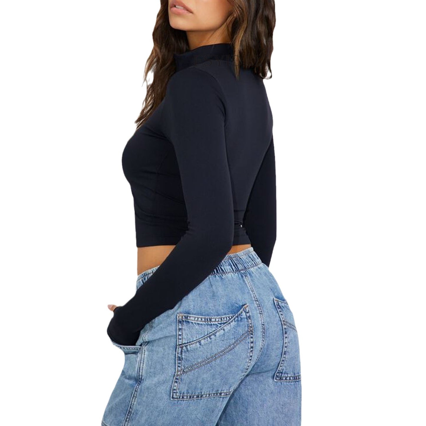 Damen Sportliches Cropped-Top mit langem Arm und Stehkragen Stalluxe