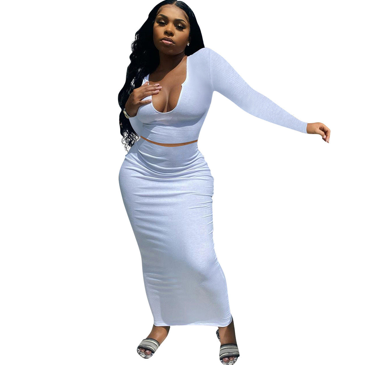 Damen Figurbetontes Maxikleid mit langem Arm und tiefem V-Ausschnitt Stalluxe