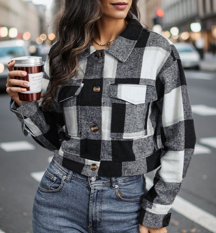 Damen Karierte Baumwolljacke mit modischem Schnitt und Taschen Stalluxe