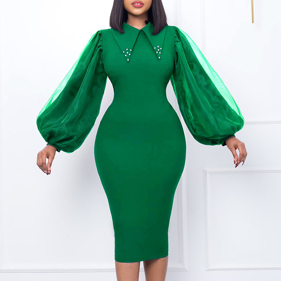 Damen Midi-Kleid mit Puffärmeln und dekorativem Kragen Stalluxe