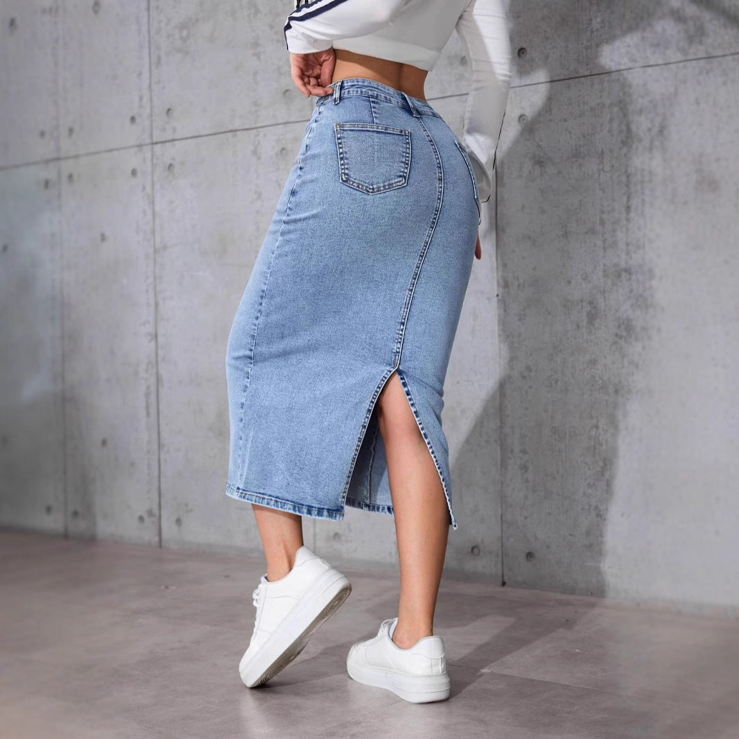 Damen Langer Jeansrock mit hohem Bund Stalluxe