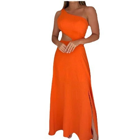 Damen Maxikleid mit asymmetrischem Ausschnitt und seitlichen Schlitzen Stalluxe