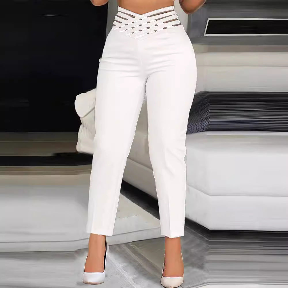 Damen stylische High-Waist Hosen mit transparentem Gitterbund Stalluxe