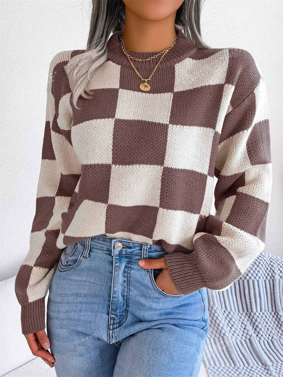 Damen lässiger pullover mit Karo-Muster und weiten Ärmeln Stalluxe