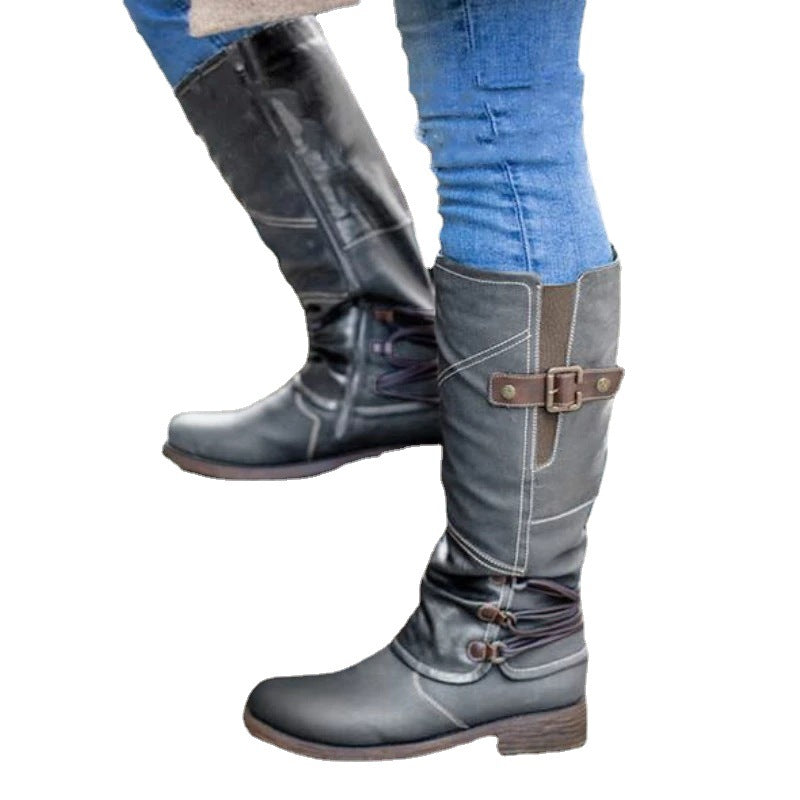 Damen hohe Lederstiefel mit dekorativen Schnallen und elastischen Riemen Stalluxe