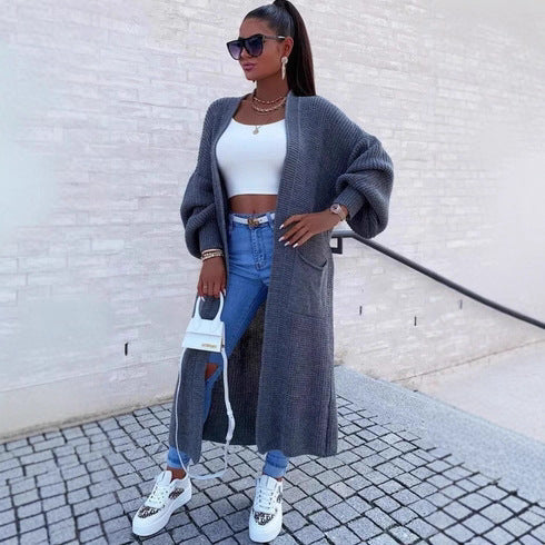 Damen Langer Strickcardigan mit weiten Ärmeln und praktischen Taschen Stalluxe