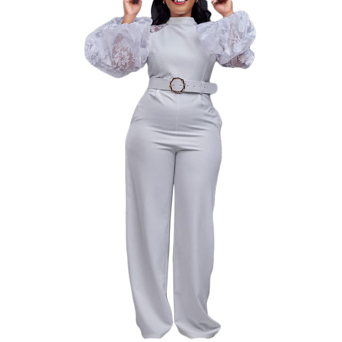 Damen Eleganter Jumpsuit mit transparenten Puffärmeln und tailliertem Gürtel Stalluxe